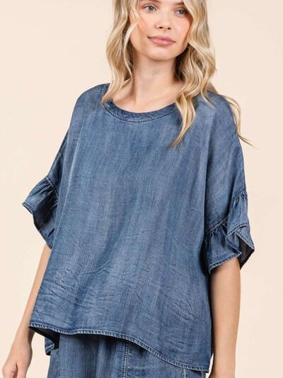 Mittoshop Washed Round Neck Flounce Sleeve Blouse DK DENIM Blouses