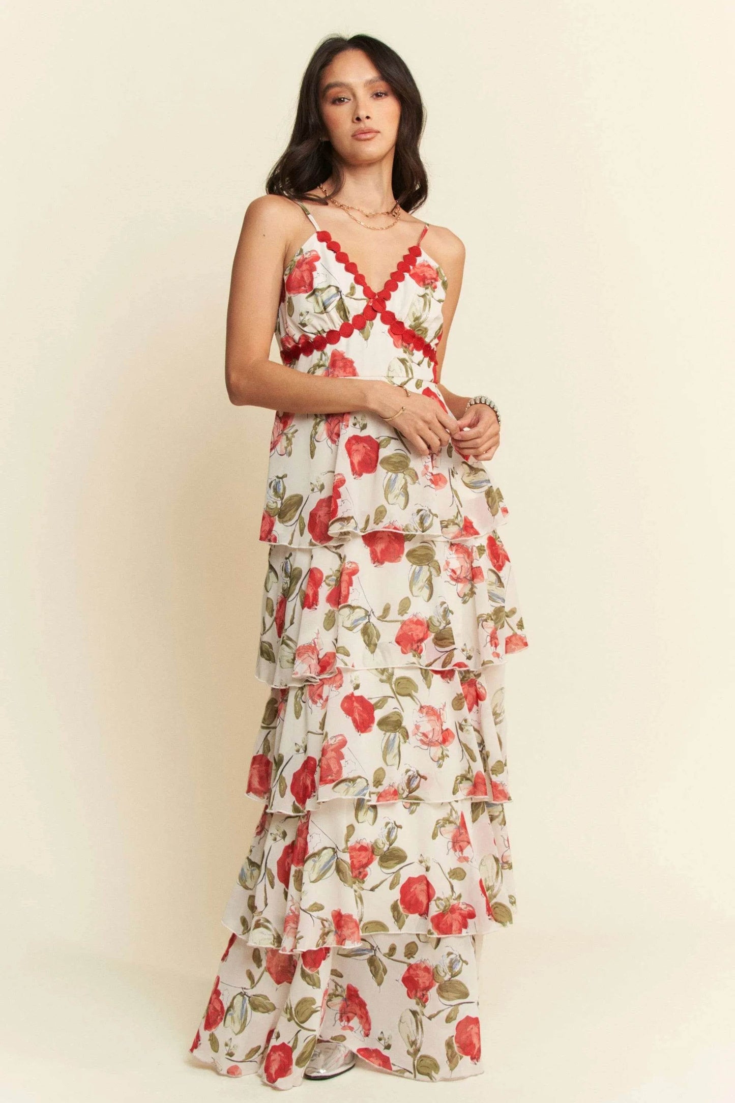 Davi & Dani Contrast Ring Lace Layered Ruffle Maxi Cami Dress - Shop Style & More | Fresh Looks, Everyday Deals & Free Shipping
