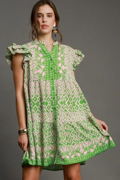 Umgee Full Size Mixed Print Mini Dress Plus Size Green Casual Dresses