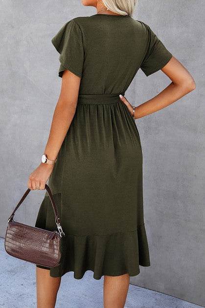 Petal Sleeve Ruffle Trim Wrap Belted Midi Dress - Shop Style & More | Fresh Looks, Everyday Deals & Free Shipping