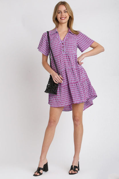 Umgee Full Size Gingham Tiered Button Detail Short Sleeve Dress Plus Size Casual Dresses