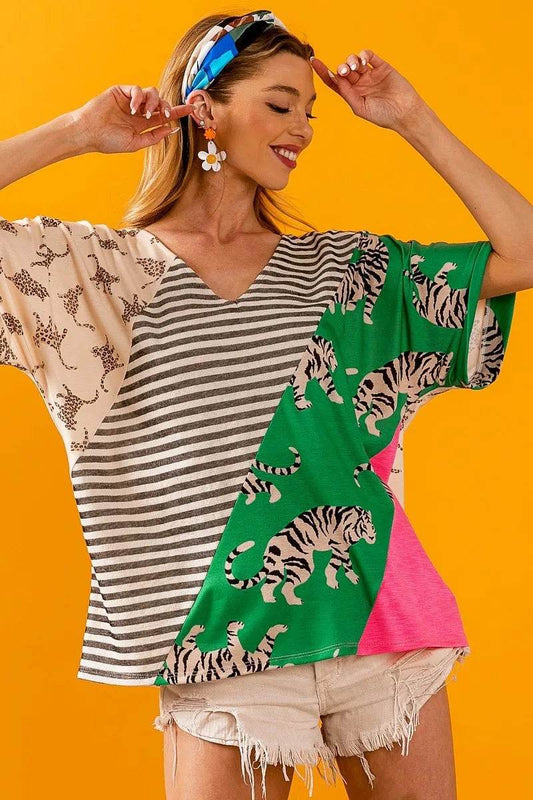 BiBi Tiger W Stripe Contrast Color Block V Neck Top - Shop Style & More | Fresh Looks, Everyday Deals & Free Shipping