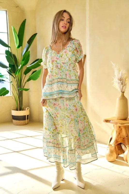 Davi & Dani Spring Floral Border Print Ruffled Textured Top - Shop Style & More | Fresh Looks, Everyday Deals & Free Shipping