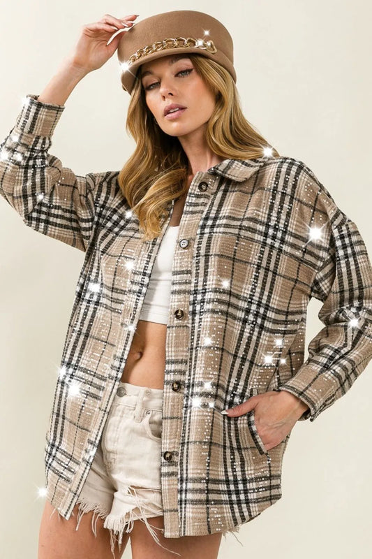 BiBi Allover Clear Sequins Vintage Plaid Jacket LATTE MULTI Women's Outerwear