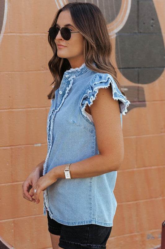 Ashlyn Ruffled Flutter Frayed Denim Top - Shop Style & More | Fresh Looks, Everyday Deals & Free Shipping