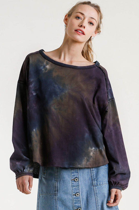 Umgee Full Size Tie Dye Round Neck Long Balloon Sleeve Top Plus Size - Shop Style & More | Fresh Looks, Everyday Deals & Free Shipping