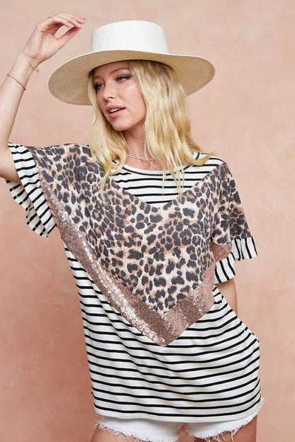 BiBi Stripe Rayon Span Knit Color Block Top With Leopard - Shop Style & More | Fresh Looks, Everyday Deals & Free Shipping
