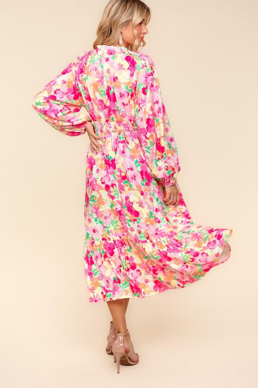 Haptics Full Size Floral Surplice Balloon Sleeve Dress with Side Pockets Casual Dresses