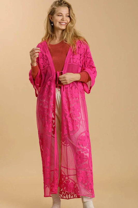 Umgee Full Size Floral Lace Open Front Long Kimono with Waist Tie Plus Size - Shop Style & More | Fresh Looks, Everyday Deals & Free Shipping