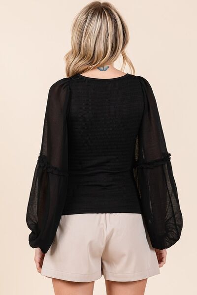 Mittoshop Mixed Media Textured Knit Chiffon Long Sleeve Top Blouses