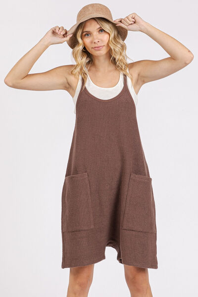Mittoshop Scoop Neck Spaghetti Strap Overalls with Pockets Brown Jumpsuits
