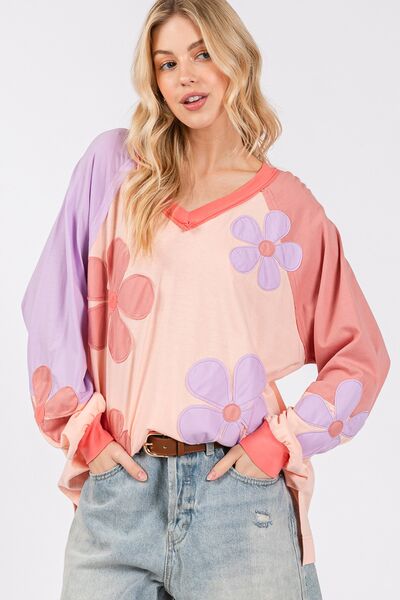 SAGE + FIG Full Size Daisy Applique Patch Color Block Long Sleeve Top Hoodies & Sweaters