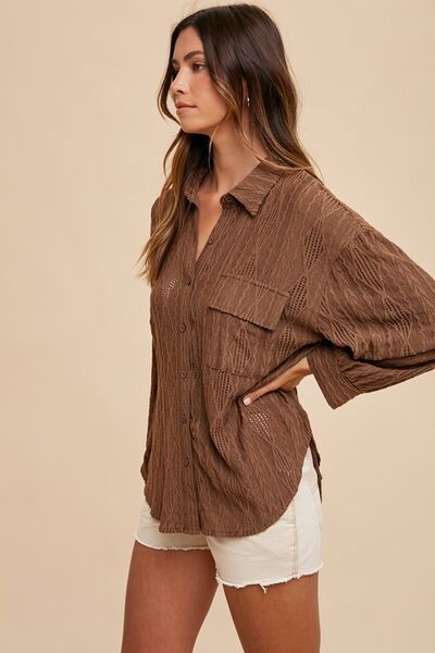 Annie Wear Openwork Button Down Drop Shoulder Shirt Blouses