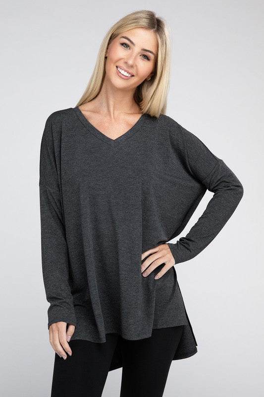 Dolman Long Sleeve V-Neck Side Slit Hi-Low Hem Top - Shop Style & More | Fresh Looks, Everyday Deals & Free Shipping