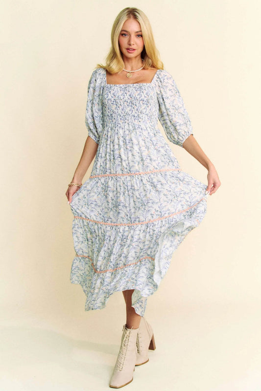 Davi & Dani Contrast Ric Smocking Bodice Tiered Midi Dress - Shop Style & More | Fresh Looks, Everyday Deals & Free Shipping
