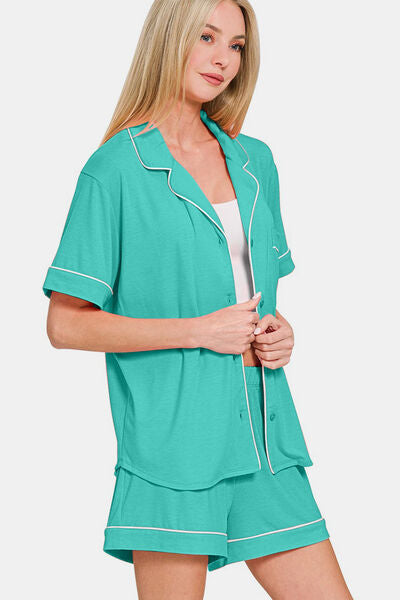 Zenana Button Down Short Sleeve Top and Shorts Lounge Set Lounge Set