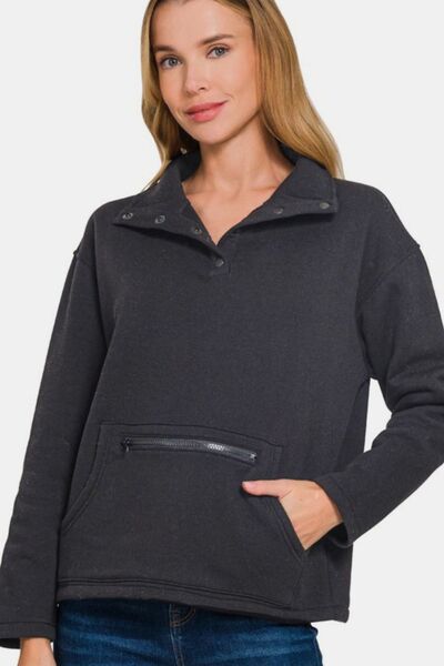 Zenana Turtleneck Half Snap Fleece Sweatshirt Hoodies & Sweaters