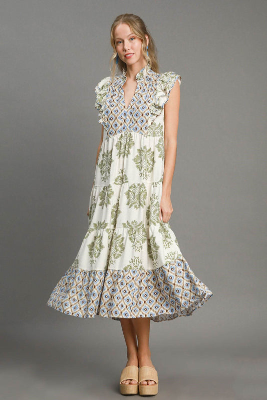 Umgee Full Size Mixed Print Ruffle Cap Sleeve Midi Dress Plus Size - Shop Style & More | Fresh Looks, Everyday Deals & Free Shipping