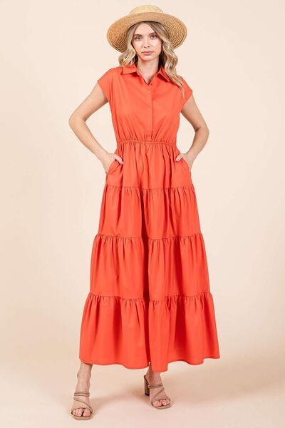 Mittoshop Button Up Collared Tiered Maxi Shirt Dress Orange Casual Dresses