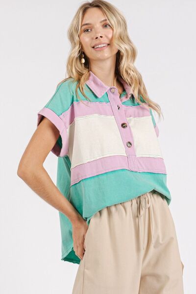 Mittoshop Color Block Henley Short Sleeve Polo Shirt Blouses