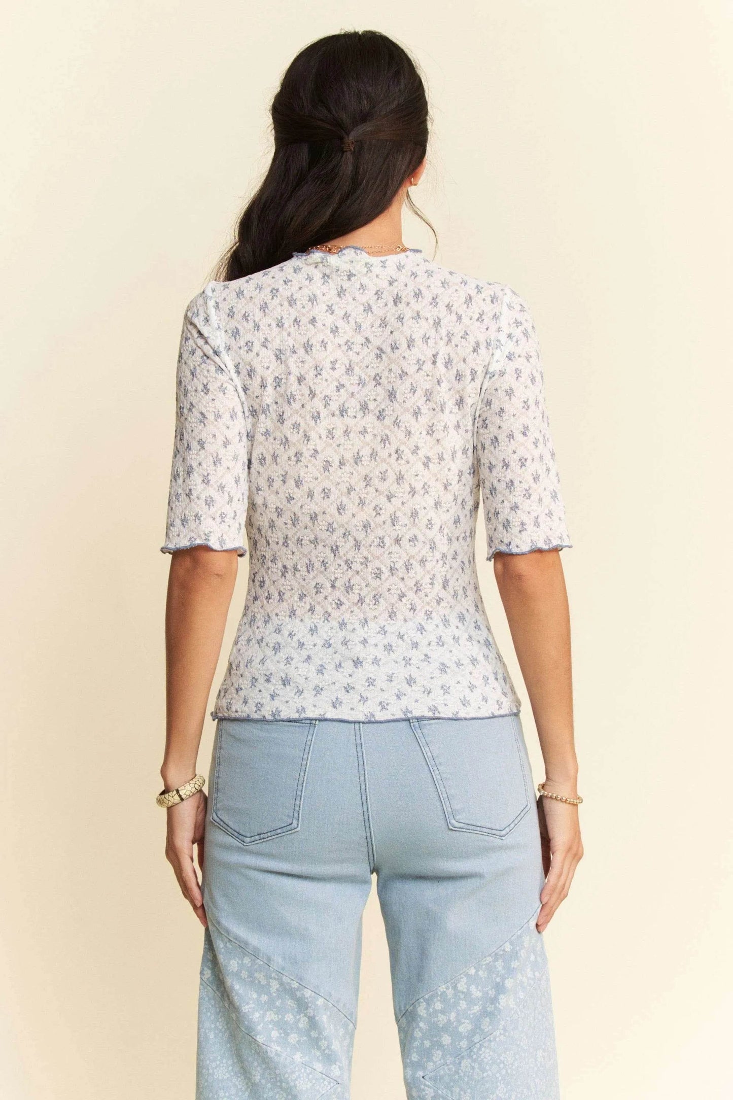 Davi & Dani Lace Stretch Floral Marrow Edge Half Sleeve Top - Shop Style & More | Fresh Looks, Everyday Deals & Free Shipping