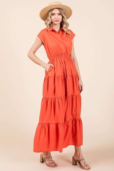 Mittoshop Button Up Collared Tiered Maxi Shirt Dress Casual Dresses