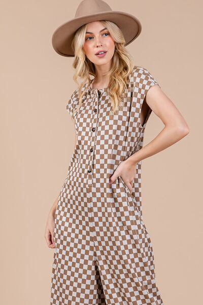 Ces Femme Checkered Half Button Jumpsuit with Cap Sleeves Jumpsuits