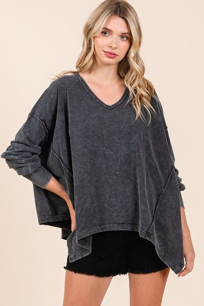 Mittoshop Mineral Wash V-Neck Long Sleeve Oversized Top Black Blouses