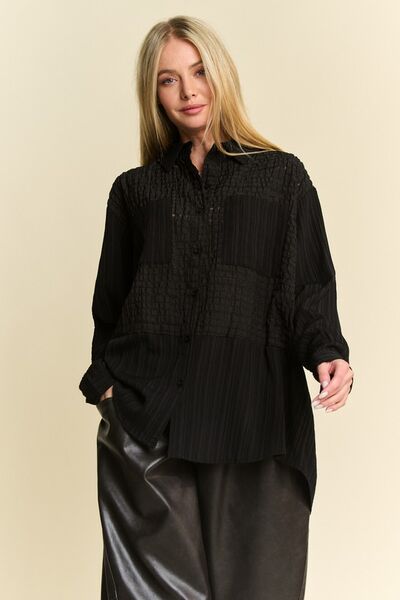 Davi & Dani Crinkled Jacquard Button Down Shirt Black Blouses