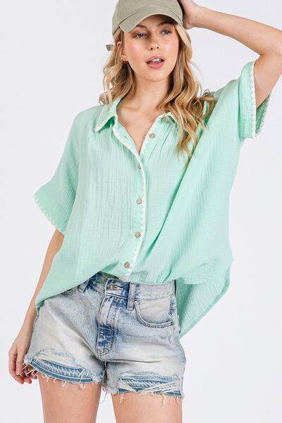 SAGE+FIG Boho Contrast Zigzag Trim Gauze Button-Up Shirt - Shop Style & More | Fresh Looks, Everyday Deals & Free Shipping