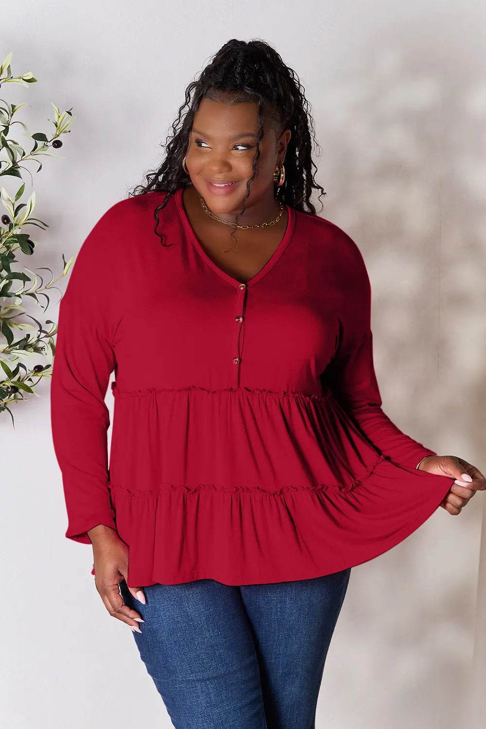 Double Take Half Button Long Sleeve Ruffle Hem Blouse - Shop Style & More | Fresh Looks, Everyday Deals & Free Shipping