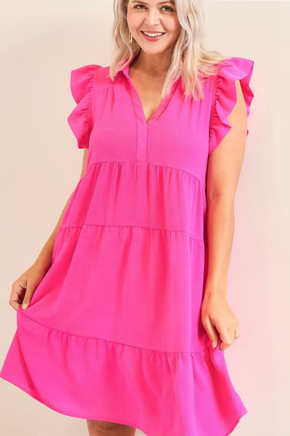 Umgee Full Size Johnny Collar Ruffle Cap Sleeve Tiered Dress Plus Size Casual Dresses