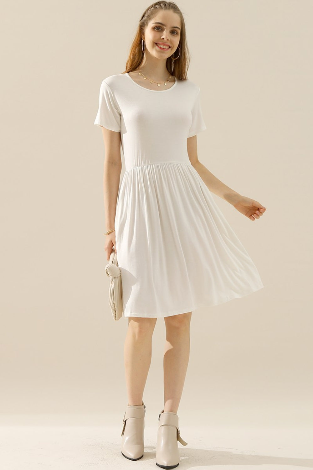 Ninexis Full Size Round Neck Ruched Dress with Pockets WHITE Cocktail Dresses