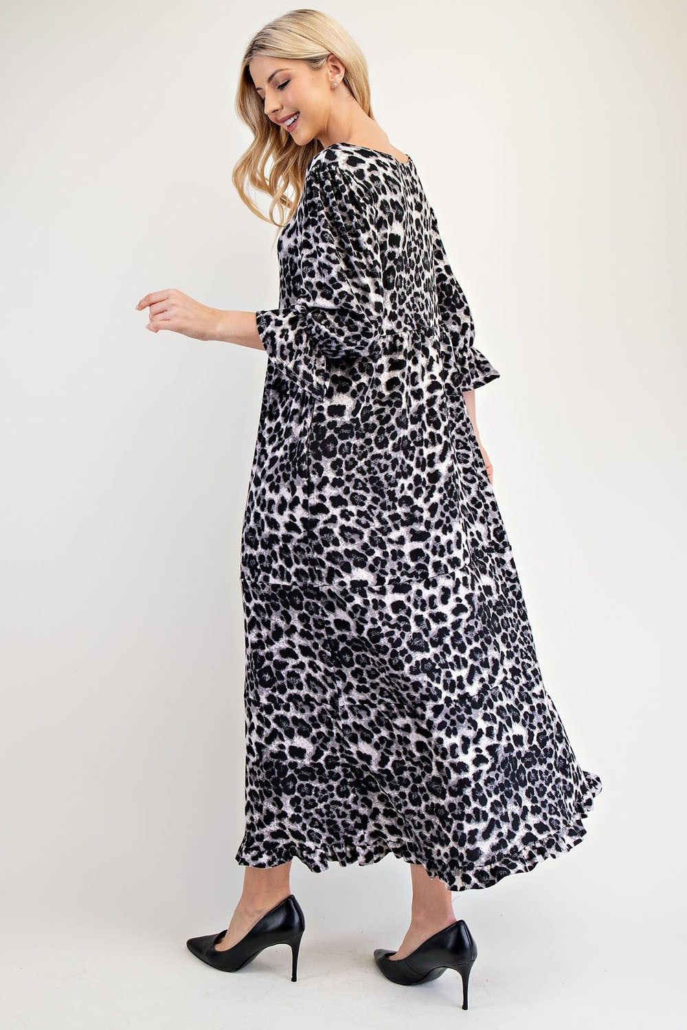 Celeste Full Size Leopard Round Neck Flounce Sleeve Dress Casual Dresses