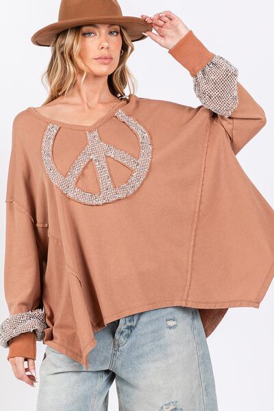 SAGE + FIG Peace Sign Mineral Wash Terry Top Camel Hoodies & Sweaters