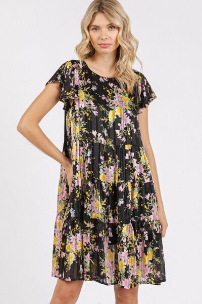 Mittoshop Flower Print Round Neck Flutter Sleeve Tiered Dress Casual Dresses