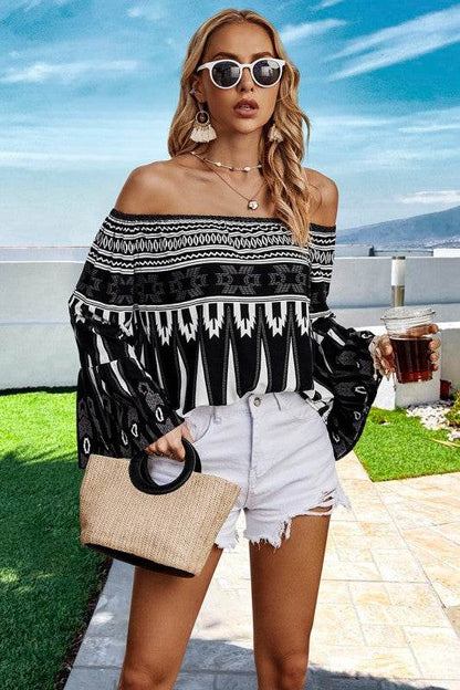 Geo Graphic Off Shoulder Loose Blouse - Shop Style & More | Fresh Looks, Everyday Deals & Free Shipping