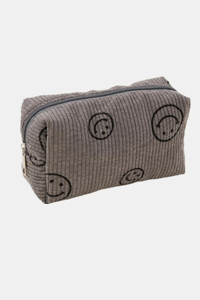 Zenana Smiley Face Corduroy Cosmetic Pouch Charcoal One Size Bags