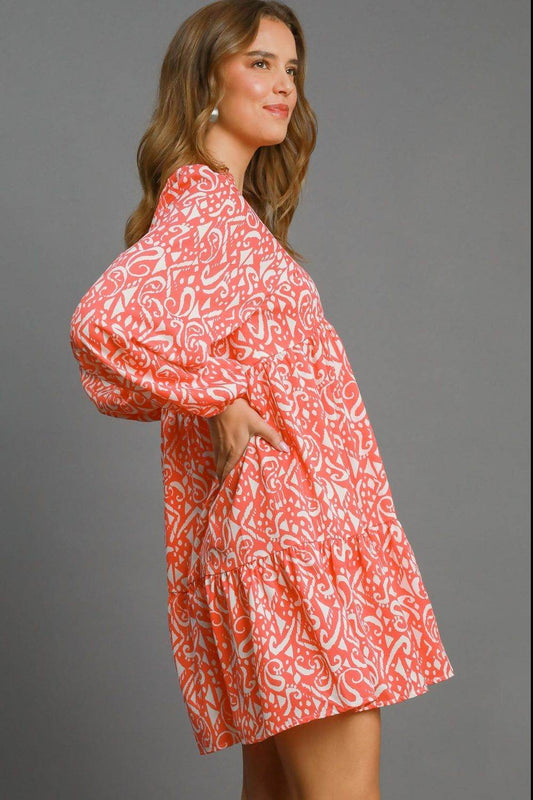 Umgee Full Size Two Tone Print Balloon Sleeve Tiered Dress Plus Size - Shop Style & More | Fresh Looks, Everyday Deals & Free Shipping