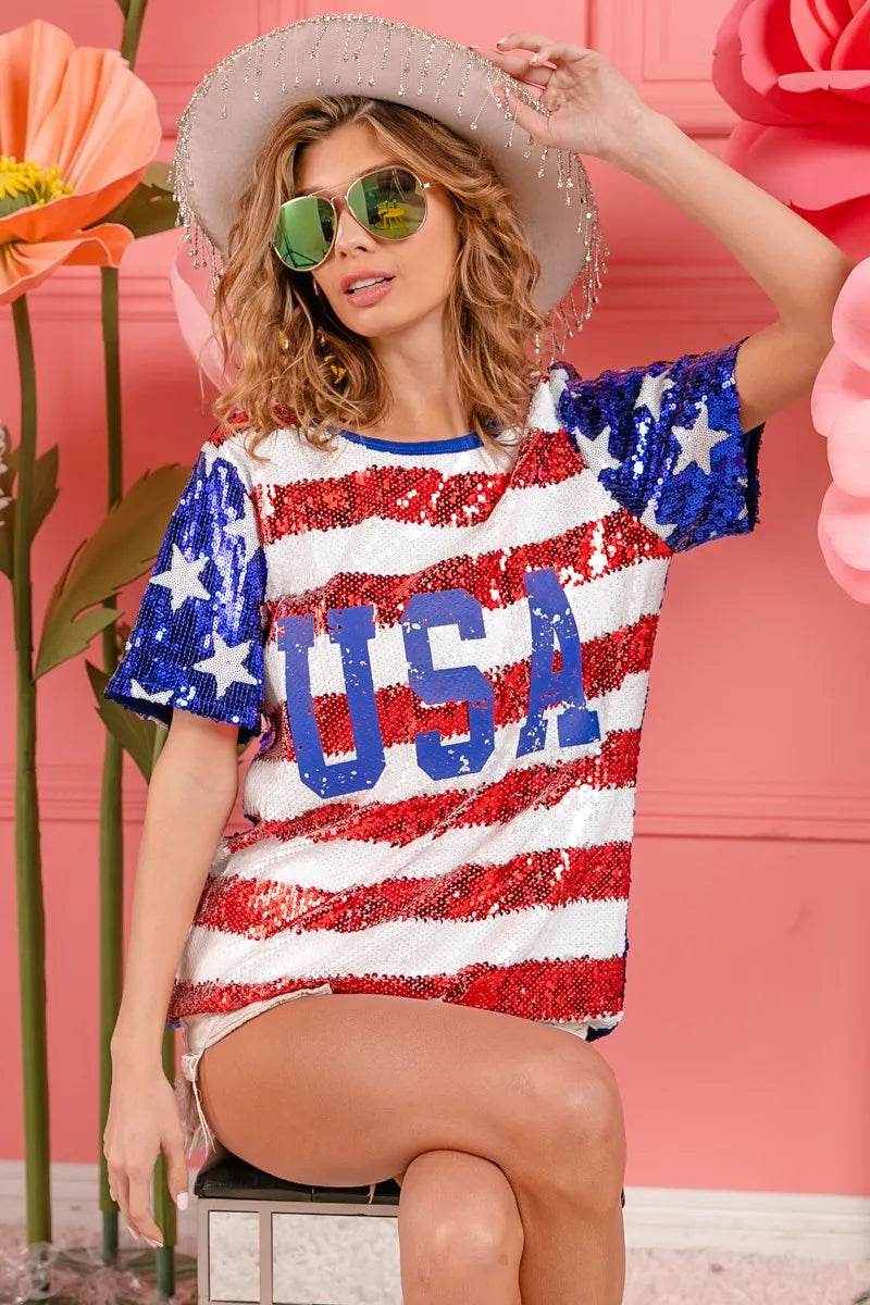 BiBi American Flag Theme USA Lettering Sequin Top - Shop Style & More | Fresh Looks, Everyday Deals & Free Shipping
