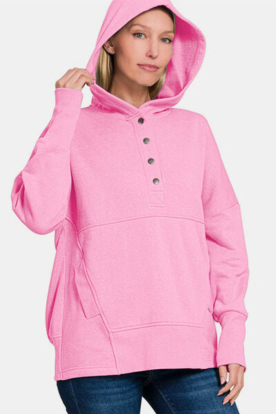 Zenana Half Snap Long Sleeve Hoodie with Kangaroo Pocket Hoodies & Sweaters