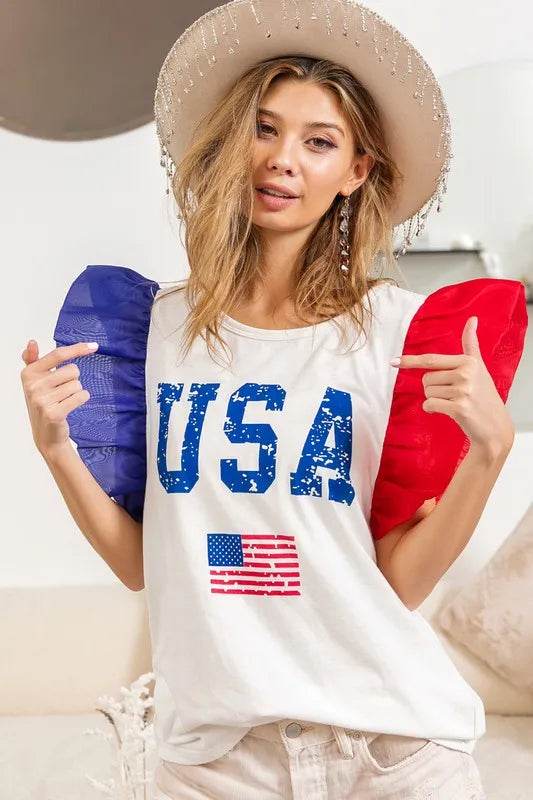 BiBi USA Theme Color Block Organza Ruffle Sleeve Top - Shop Style & More | Fresh Looks, Everyday Deals & Free Shipping