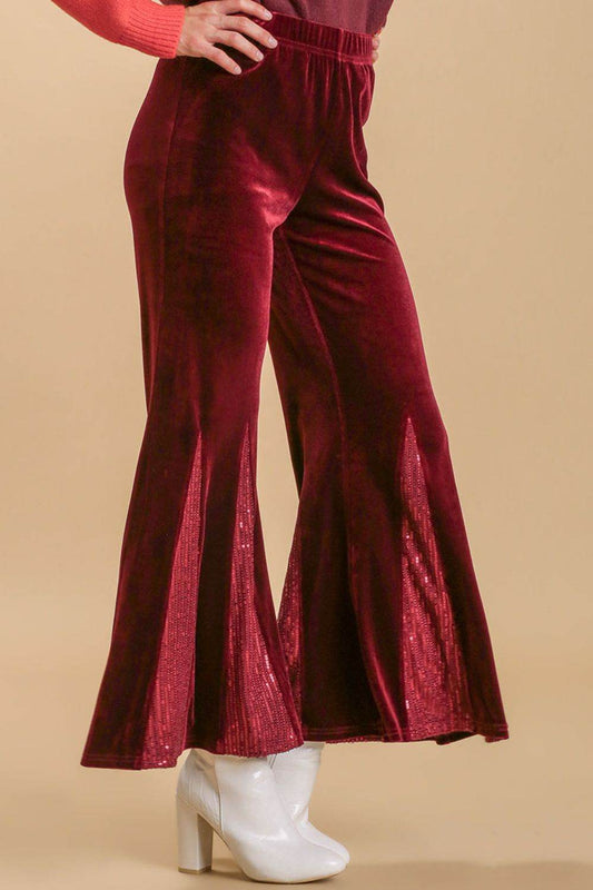 Umgee Full Size Sequin Elastic Waist Velvet Stretch Flare Leg Pants Plus Size - Shop Style & More | Fresh Looks, Everyday Deals & Free Shipping