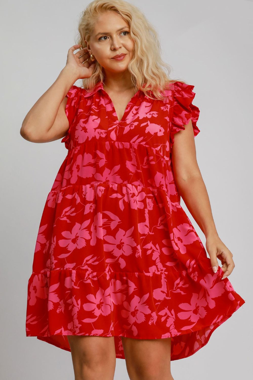 Umgee Full Size Floral Print Ruffle Cap Sleeve Tiered Dress Plus Size Casual Dresses