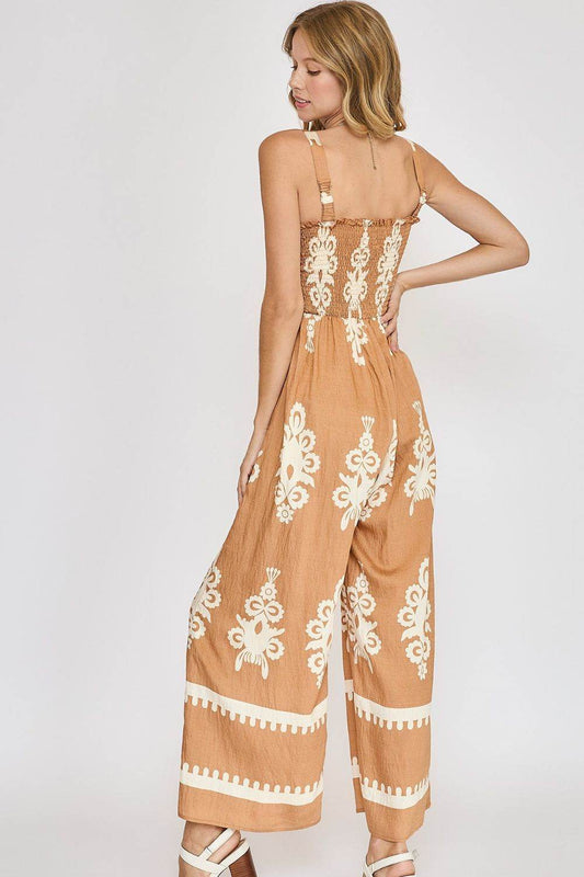 Umgee Full Size Smocked Printed Wide Leg Jumpsuit Plus Size - Shop Style & More | Fresh Looks, Everyday Deals & Free Shipping