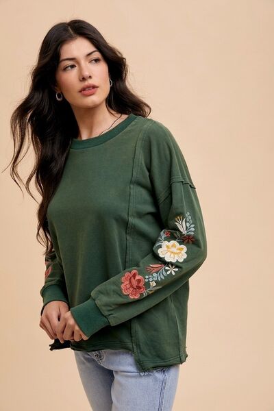 Annie Wear Embroidered Long Sleeve French Terry Top Hoodies & Sweaters