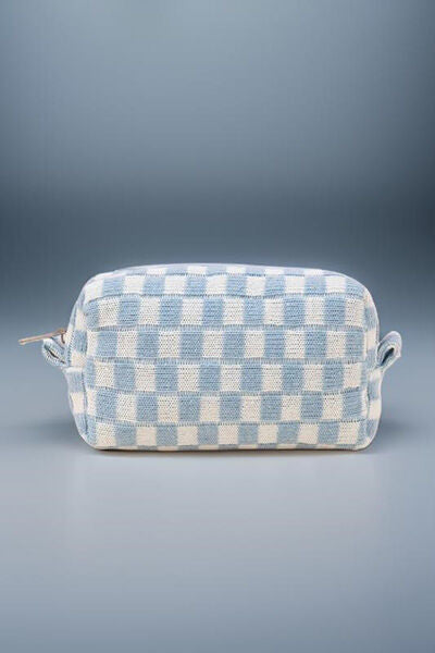 Zenana Checkered Pattern Knitted Cosmetic Pouch Blue One Size Bags