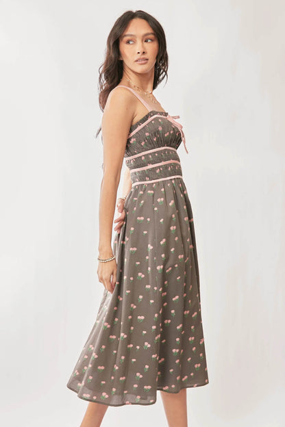 Davi & Dani Contrast Velvet Tape Smocking Bodice Midi Dress - Shop Style & More | Fresh Looks, Everyday Deals & Free Shipping