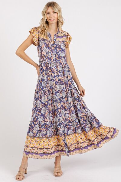 Mittoshop Floral Ruffled Notched Cap Sleeve Maxi Dress Peacock Blue Casual Dresses