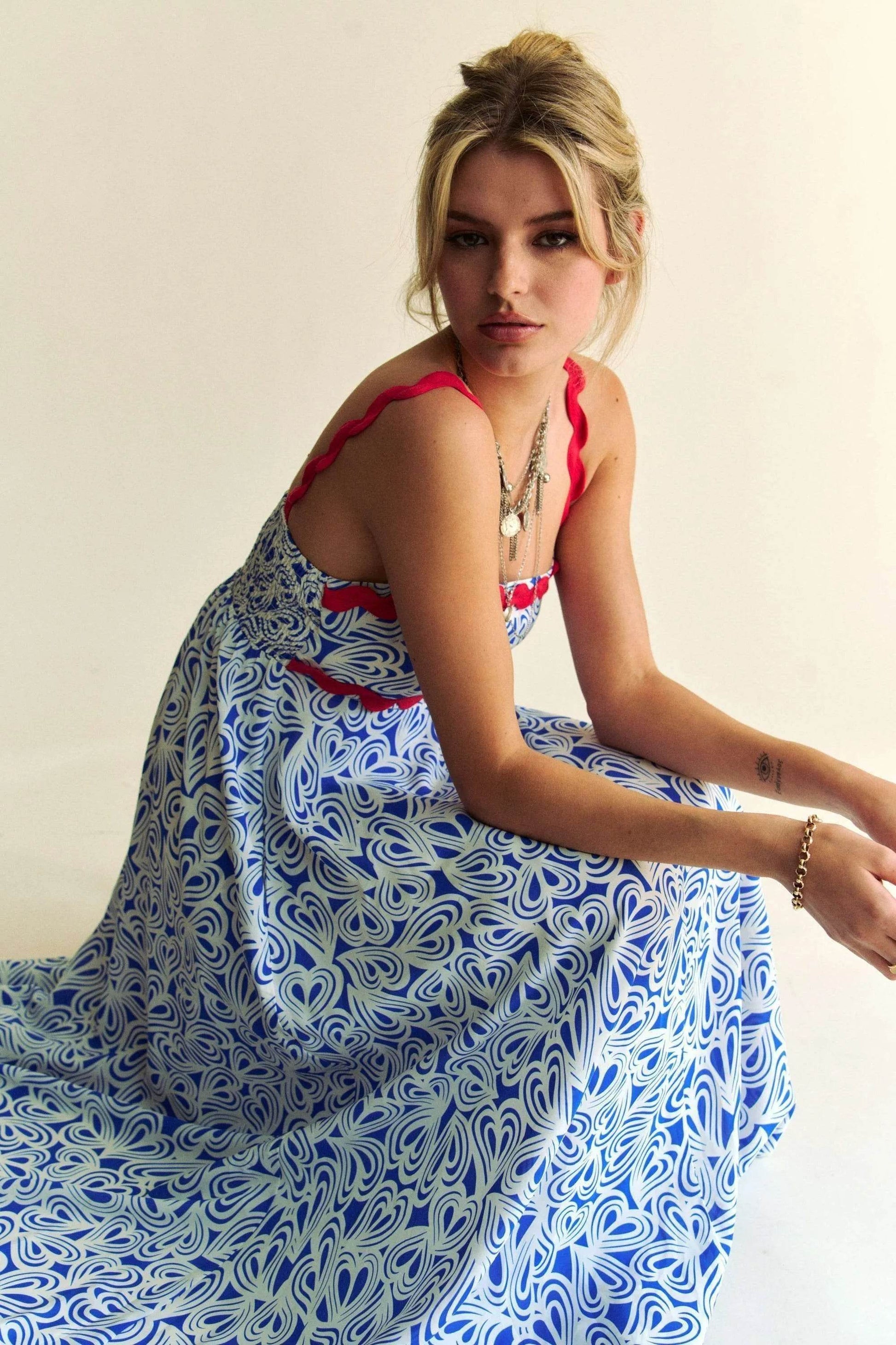 Davi & Dani Geo 2 Tone Printed Wavi Trim Tiered Maxi Dress - Shop Style & More | Fresh Looks, Everyday Deals & Free Shipping